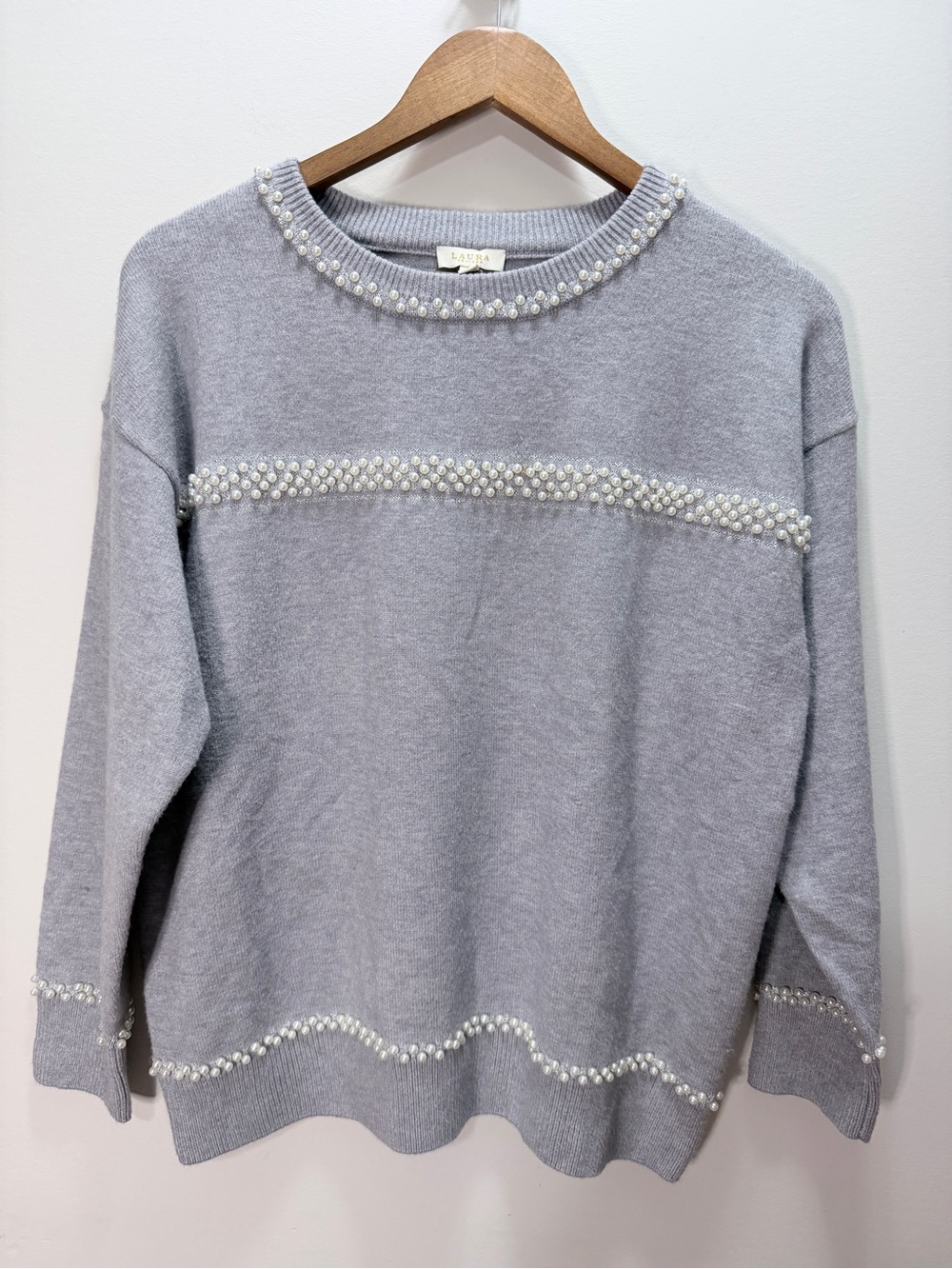 Laura Petite Gray Pearl-Trim Crewneck Sweater Size XL 24.5x24